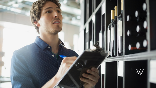 Sommelier taking inventory in wine store