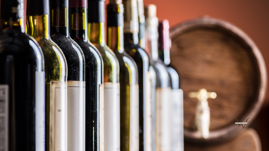 Wine bottles in a row.