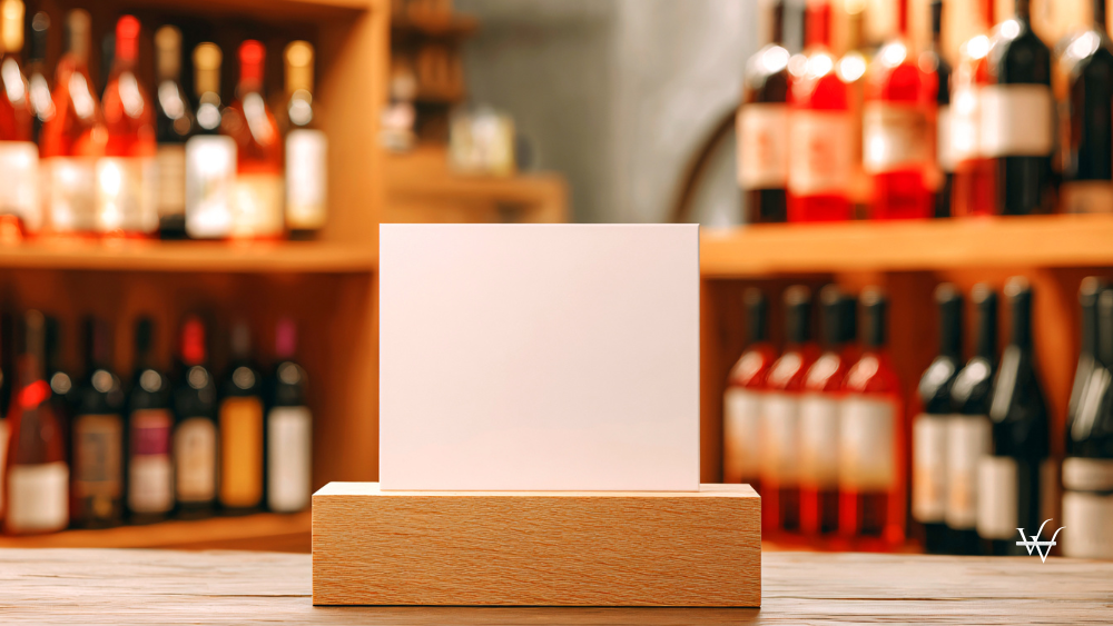 Blank Sign on Wooden Stand in Wine Shop