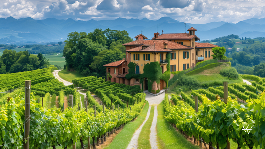 Photo of a serene hillside vineyard with a winery