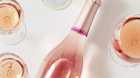 Rose wine assortment in crystal glasses, bottle of rose champagne sparkling wine. Summer alcoholic drink