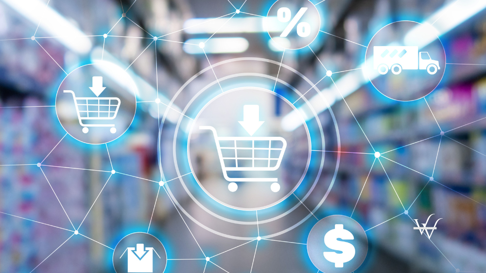Shopping cart Ecommerce Marketing channel distribution concept on supermarket background.