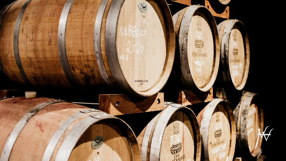 Warehouse of wooden barrels with wine