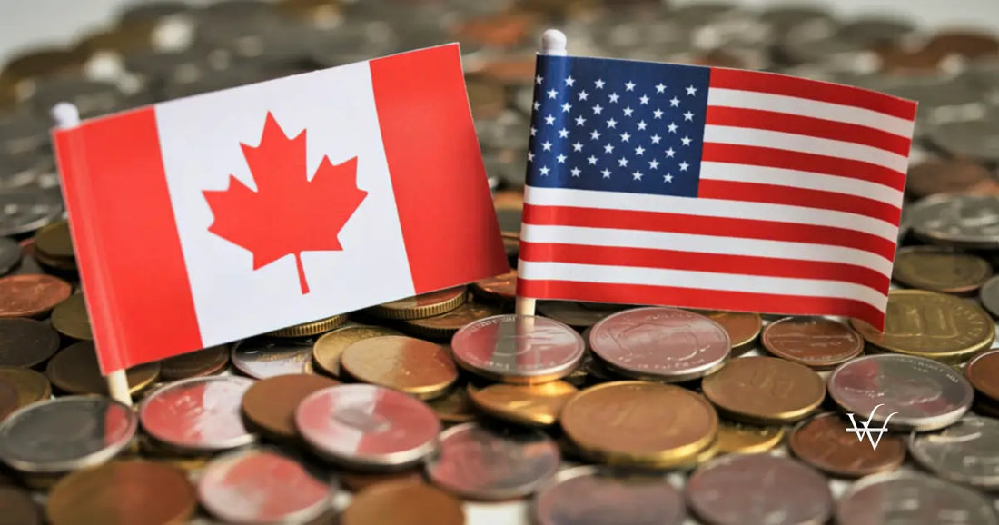 canada-and-usa-flags-resting-on-a-bed-of-assorted-coins
