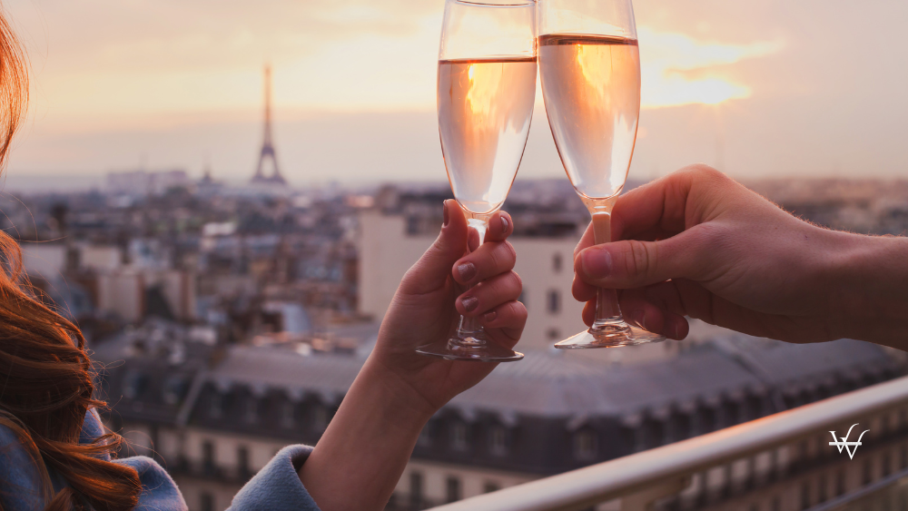 couple drinking champagne or wine in Paris luxurious restaurant, France