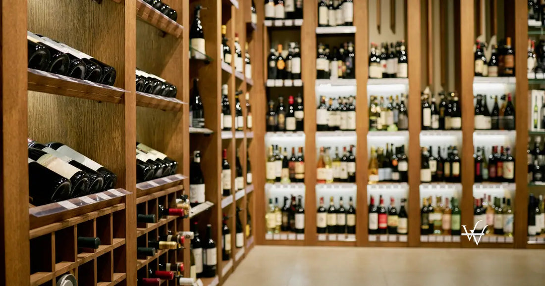 displaying various bottles in wine cellar with wooden shelves