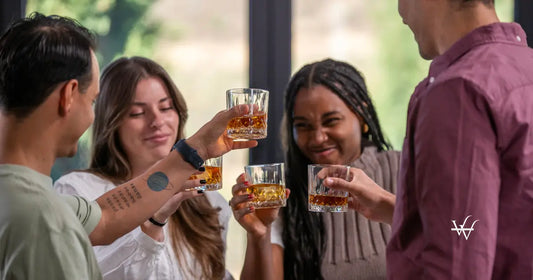 group of friends drinking together indoors